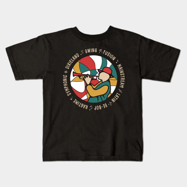 Colorful Jazz Musician with Jazz Genres Kids T-Shirt by jazzworldquest